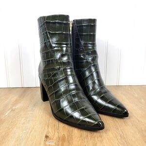 Franco Sarto Ticada Olive Croc-Embossed Pointed Toe Ankle Boots